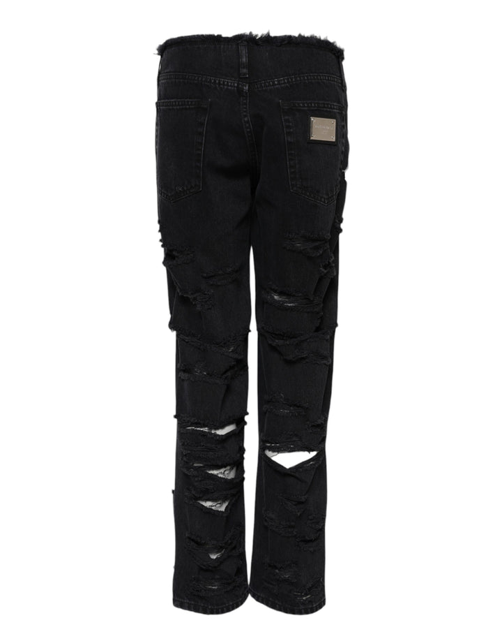 Dolce &amp; Gabbana Black Cotton Tattered Mid Waist Denim Jeans by Dolce &amp; Gabbana outlet now on sale
