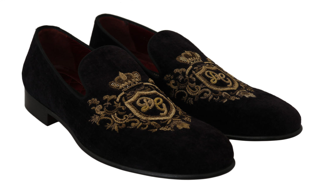 Dolce & Gabbana Loafers Black Velvet Gold Crown by Dolce & Gabbana outlet now on sale