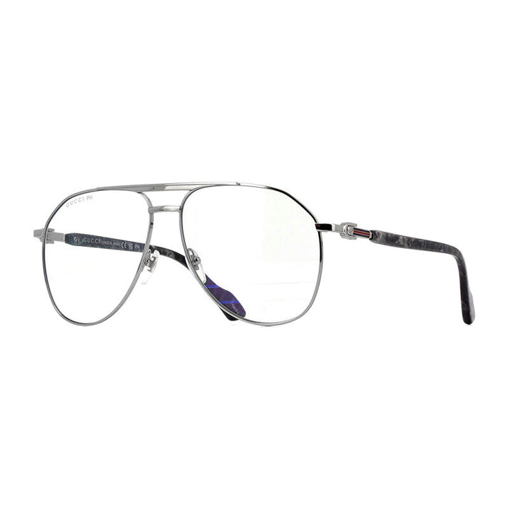 Gucci Aviator Full Rim, with a Silver frame and Transparent To Blue Photochromic lens.