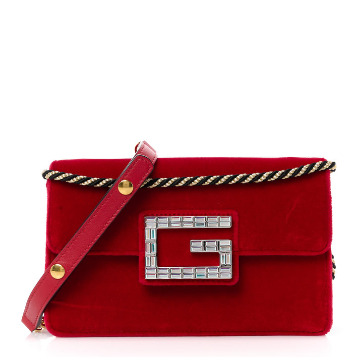 GUCCI Velvet Crystal Square G Shoulder Bag Red