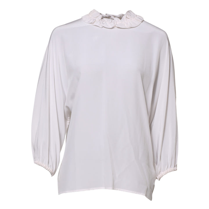 Dolce & Gabbana White Ruffled Neckline Blouse Pullover Top
