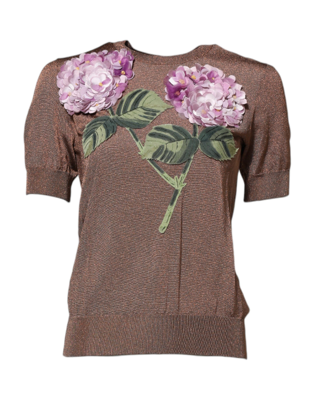 Dolce & Gabbana Brown Lily Embellished Round Neck Blouse Top