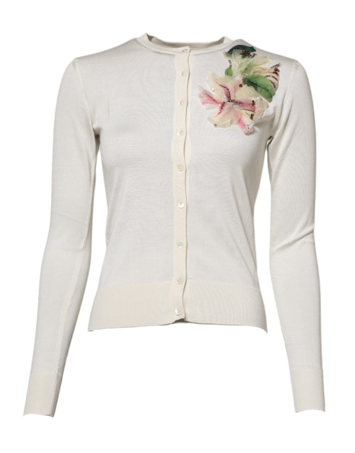 Dolce &amp; Gabbana White Silk Lily Embellished Cardigan Sweater by Dolce &amp; Gabbana outlet now on sale