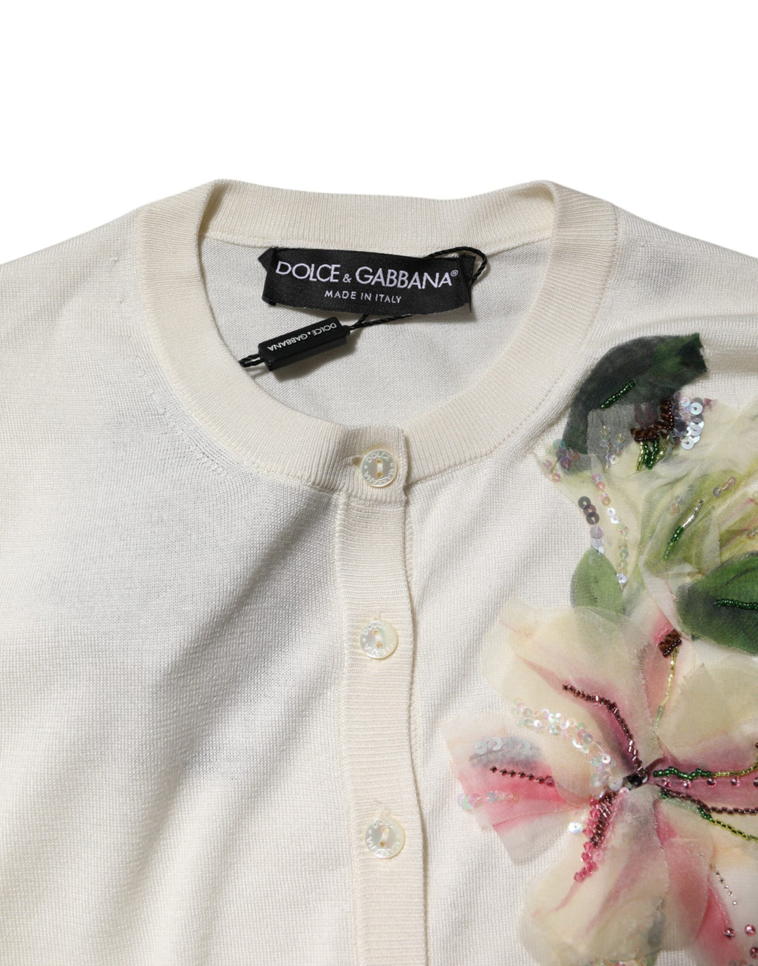 Dolce &amp; Gabbana White Silk Lily Embellished Cardigan Sweater by Dolce &amp; Gabbana outlet now on sale