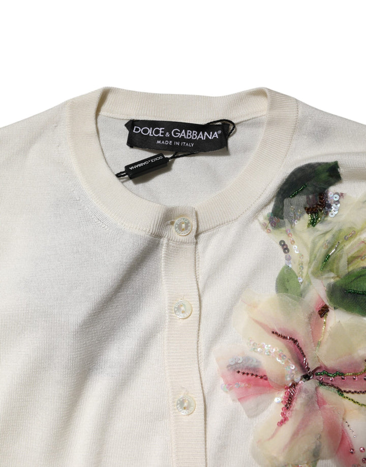 Dolce &amp; Gabbana White Silk Lily Embellished Cardigan Sweater by Dolce &amp; Gabbana outlet now on sale