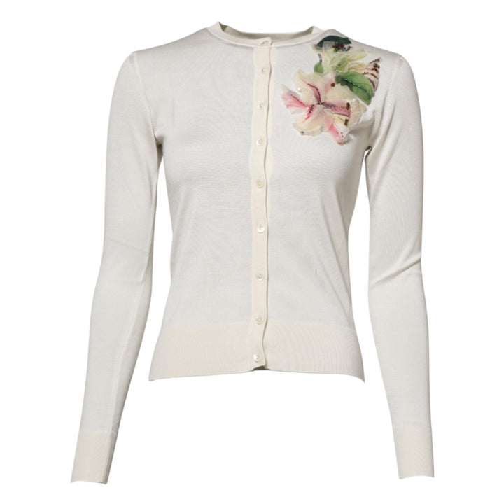Dolce &amp; Gabbana White Silk Lily Embellished Cardigan Sweater by Dolce &amp; Gabbana outlet now on sale