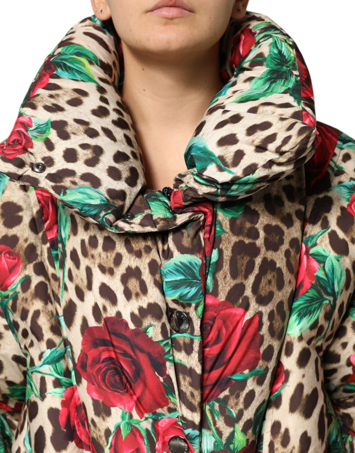 Dolce & Gabbana Multicolor Leopard Rose Puffer Quilted Jacket