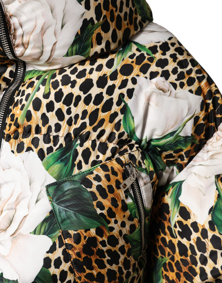 Dolce & Gabbana Multicolor Leopard Rose Puffer Quilted Jacket