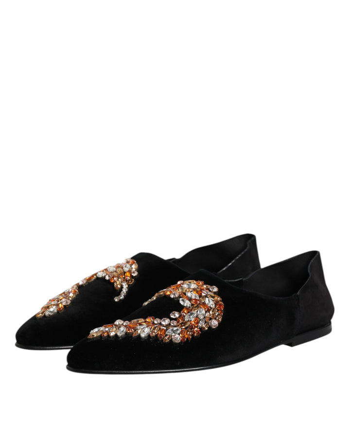 Dolce & Gabbana Black Velvet Embellished Loafer Slip On Shoes by Dolce & Gabbana outlet now on sale