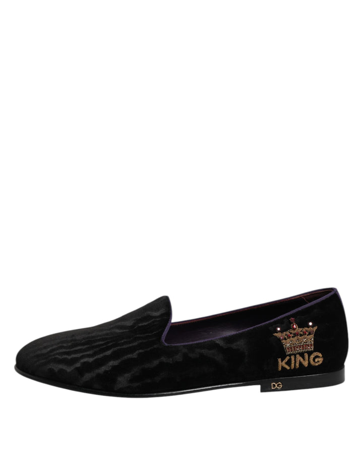 Dolce & Gabbana Black DG Crown Embroidery Loafers Slip On Shoes by Dolce & Gabbana outlet now on sale
