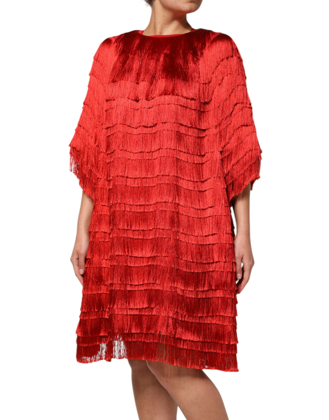 Dolce &amp; Gabbana Sample Sale Dolce &amp; Gabbana Red Silk Tiers Fringe Shift Knee Length Dress - | Designer outlet