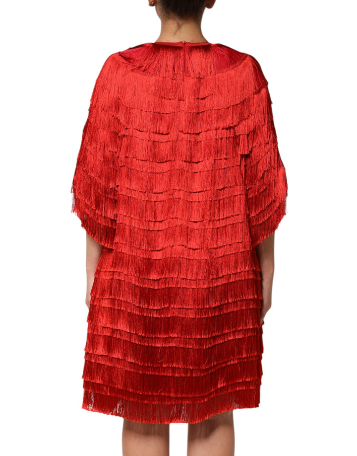 Dolce &amp; Gabbana Sample Sale Dolce &amp; Gabbana Red Silk Tiers Fringe Shift Knee Length Dress - | Designer outlet
