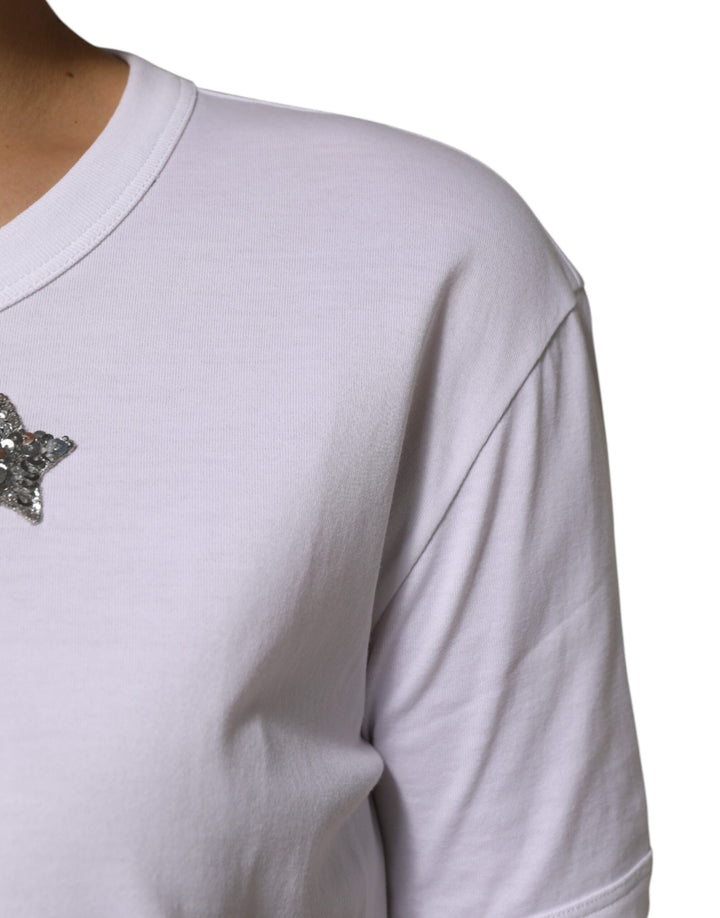Dolce & Gabbana White Cotton Sequin Embellished Top T-shirt