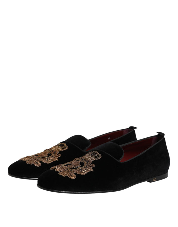 Dolce &amp; Gabbana Sample Sale Dolce &amp; Gabbana Black Velvet Gold Crown Mens Loafers Shoes - | Designer outlet