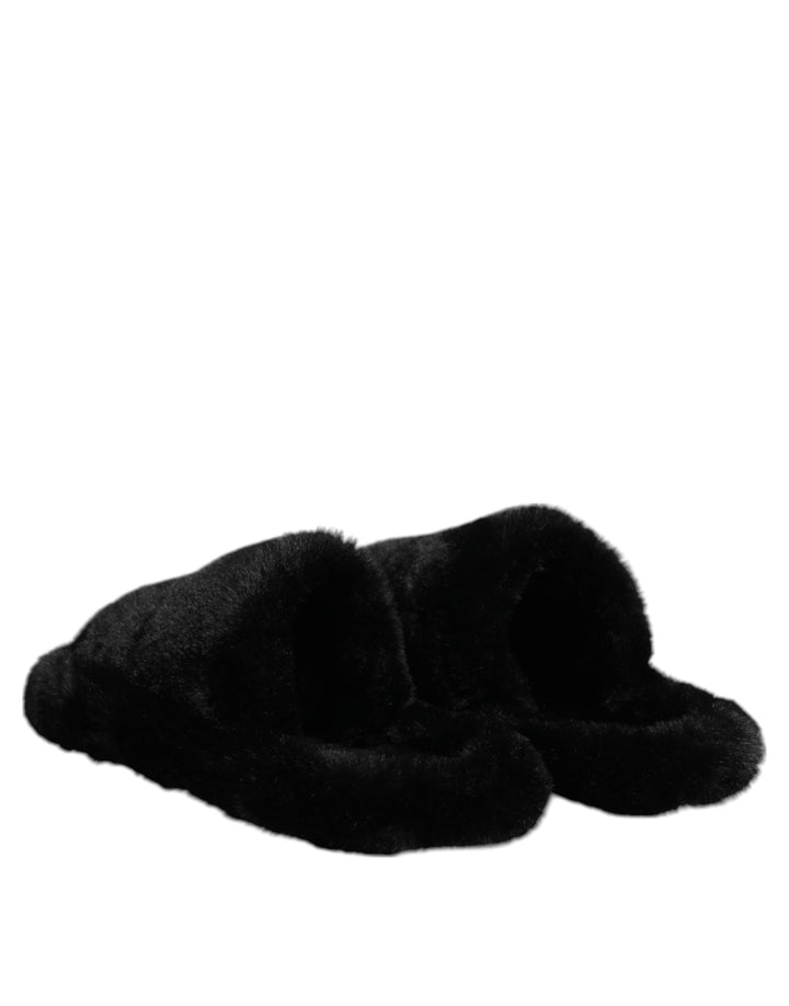 Dolce & Gabbana Black Faux Fur Flats Men Sandals Shoes