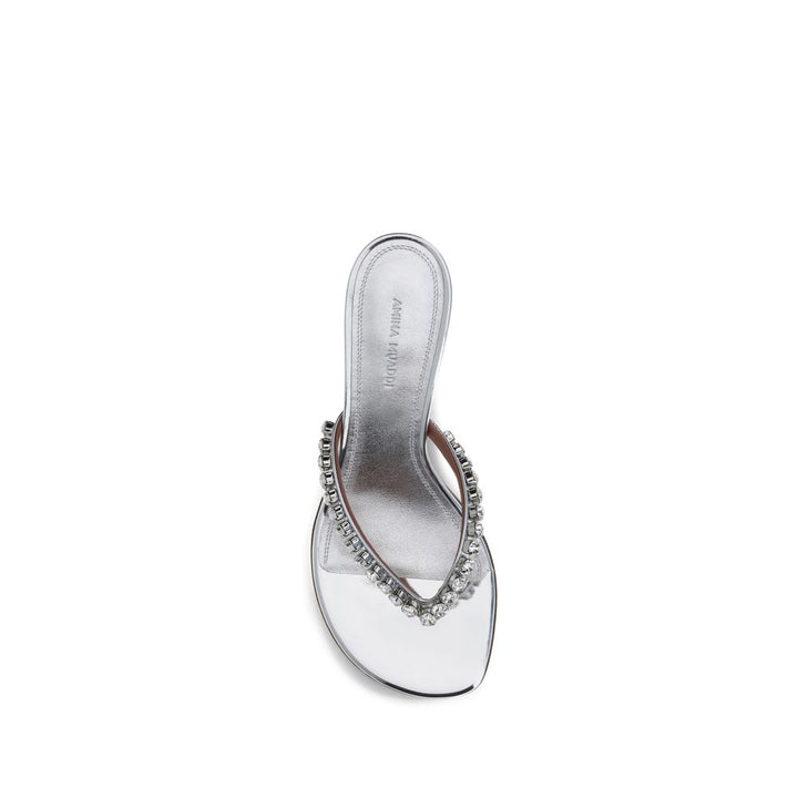 Amina Muaddi Silver Calf Leather Bos Taurus Stiletto Heel Sandals