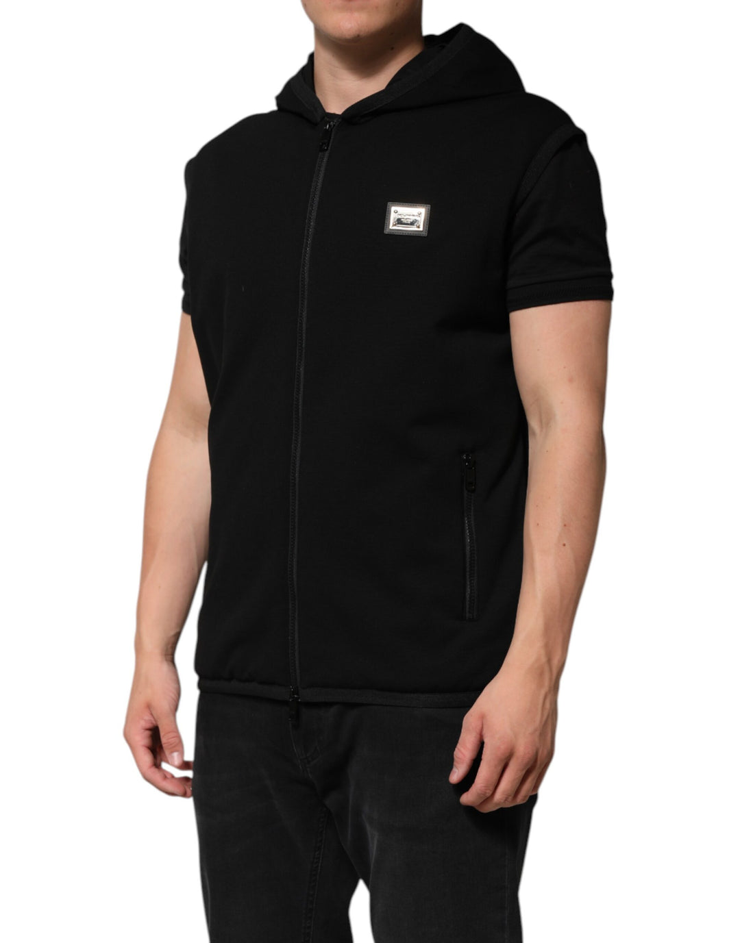 Dolce &amp; Gabbana Sample Sale Dolce &amp; Gabbana Black Sleeveless Hooded Logo Plaque Jacket - | Designer outlet