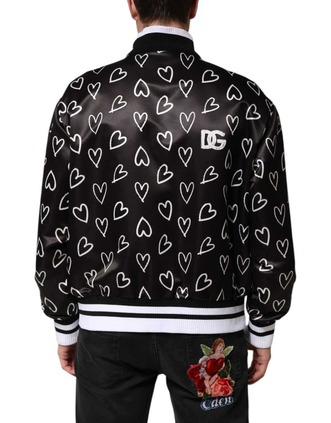 Dolce & Gabbana Black Polyester Heart Print Bomber Jacket