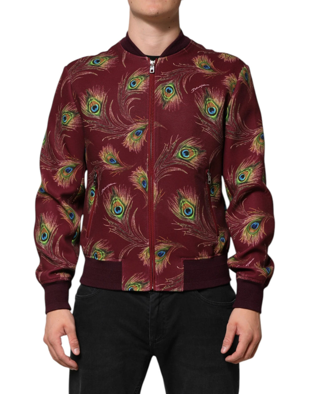 Dolce &amp; Gabbana Sample Sale Dolce &amp; Gabbana Maroon Peacock Feather Print Bomber Jacket - | Designer outlet