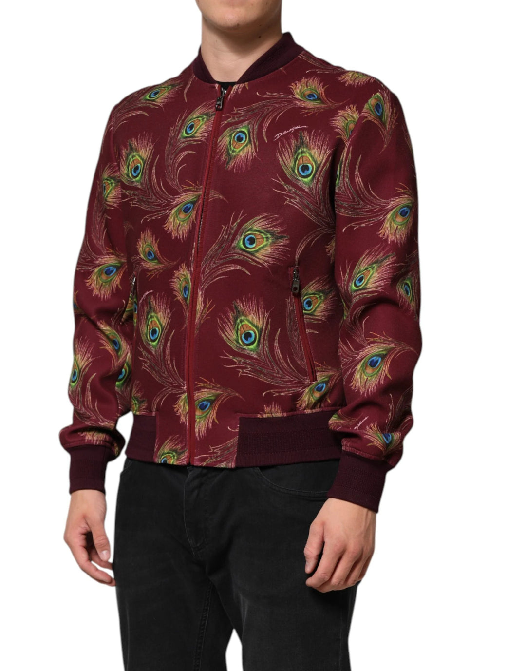 Dolce &amp; Gabbana Sample Sale Dolce &amp; Gabbana Maroon Peacock Feather Print Bomber Jacket - | Designer outlet