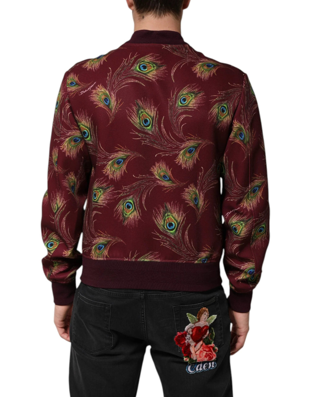 Dolce &amp; Gabbana Sample Sale Dolce &amp; Gabbana Maroon Peacock Feather Print Bomber Jacket - | Designer outlet