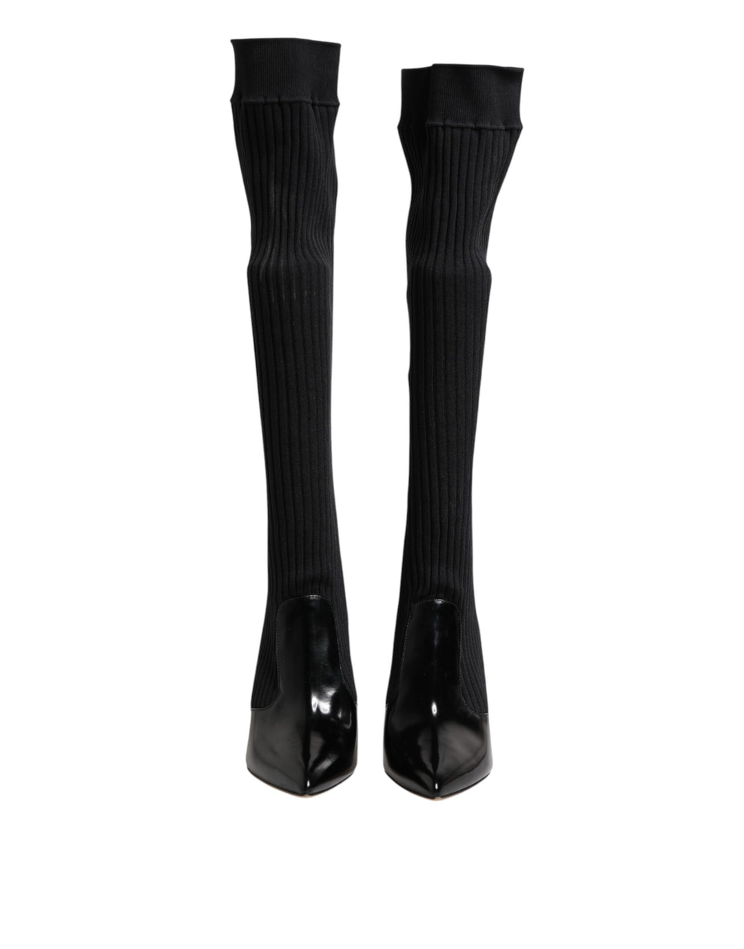Dolce &amp; Gabbana Sample Sale Dolce &amp; Gabbana Black Leather Ribbed Knit Knee Boots Shoes - | Designer outlet