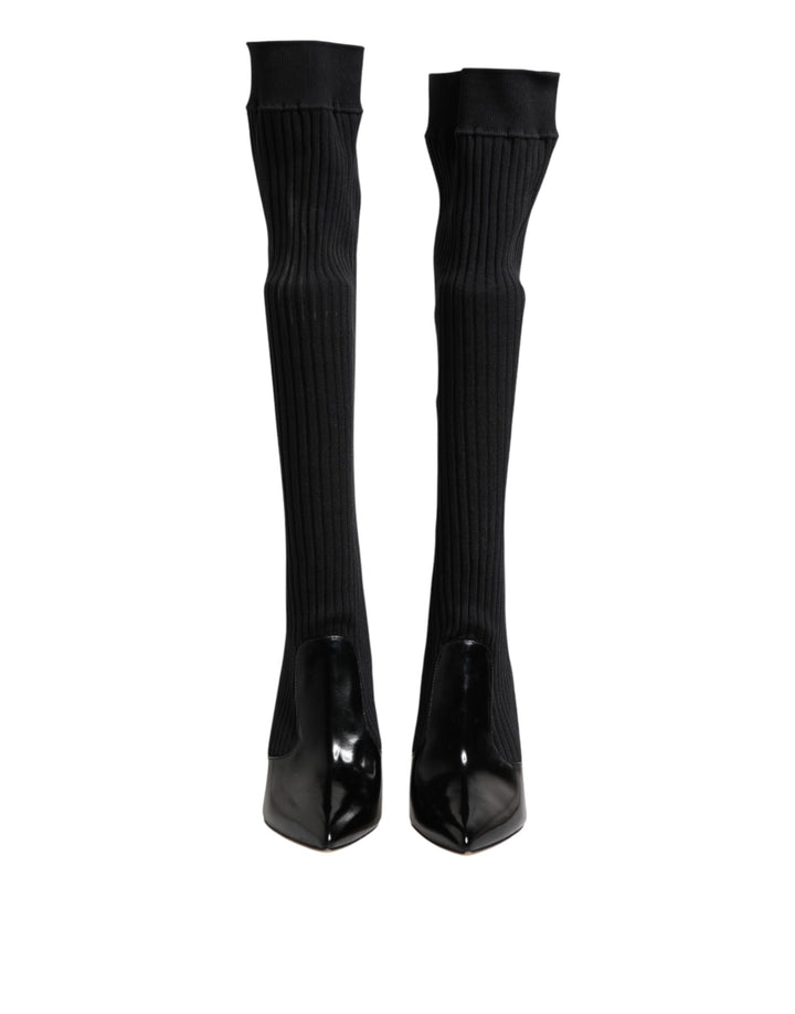 Dolce &amp; Gabbana Sample Sale Dolce &amp; Gabbana Black Leather Ribbed Knit Knee Boots Shoes - | Designer outlet