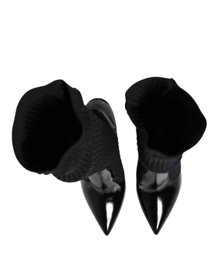 Dolce &amp; Gabbana Sample Sale Dolce &amp; Gabbana Black Leather Ribbed Knit Knee Boots Shoes - | Designer outlet