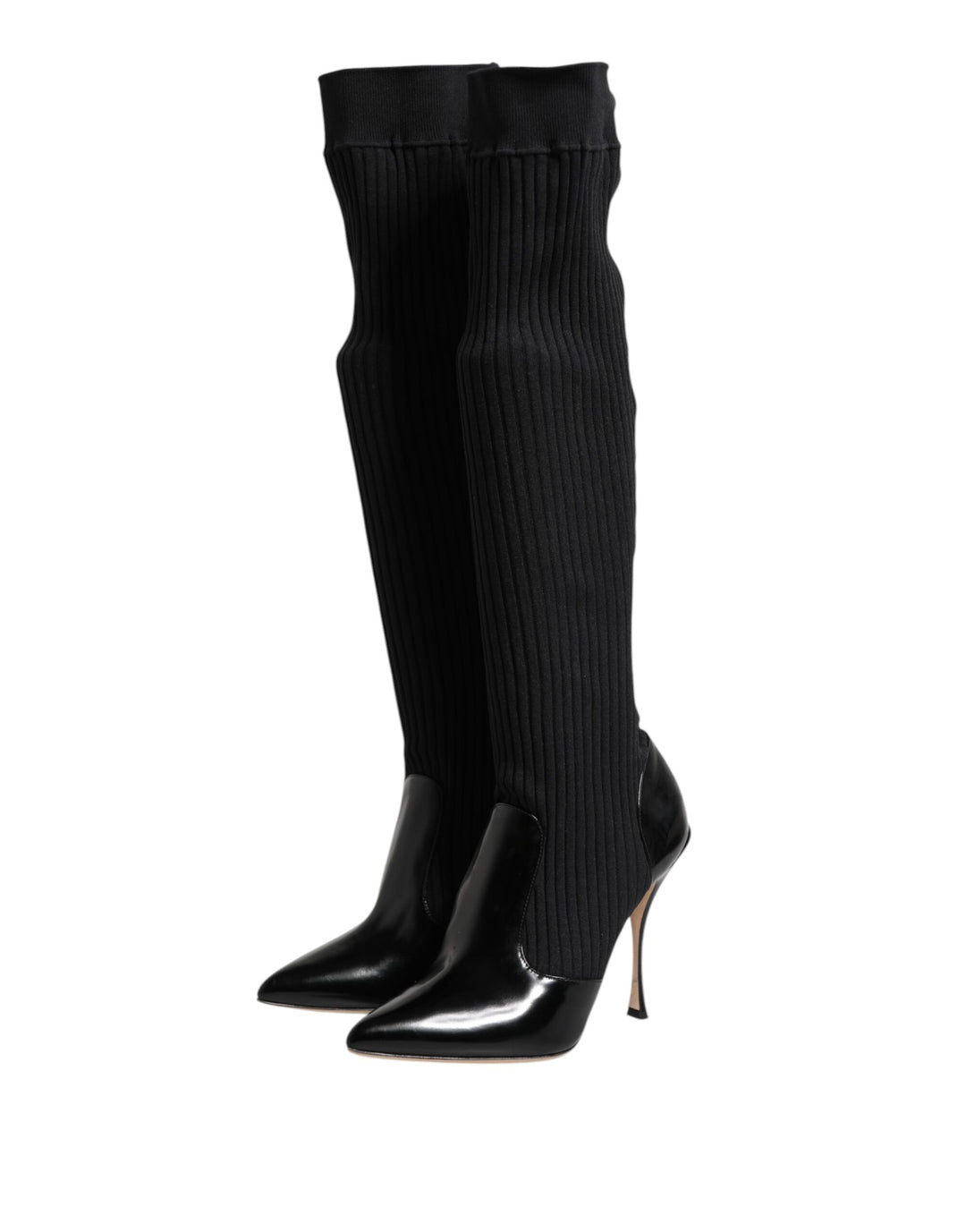 Dolce &amp; Gabbana Sample Sale Dolce &amp; Gabbana Black Leather Ribbed Knit Knee Boots Shoes - | Designer outlet
