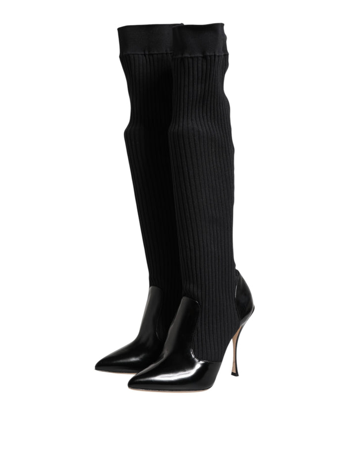 Dolce &amp; Gabbana Sample Sale Dolce &amp; Gabbana Black Leather Ribbed Knit Knee Boots Shoes - | Designer outlet