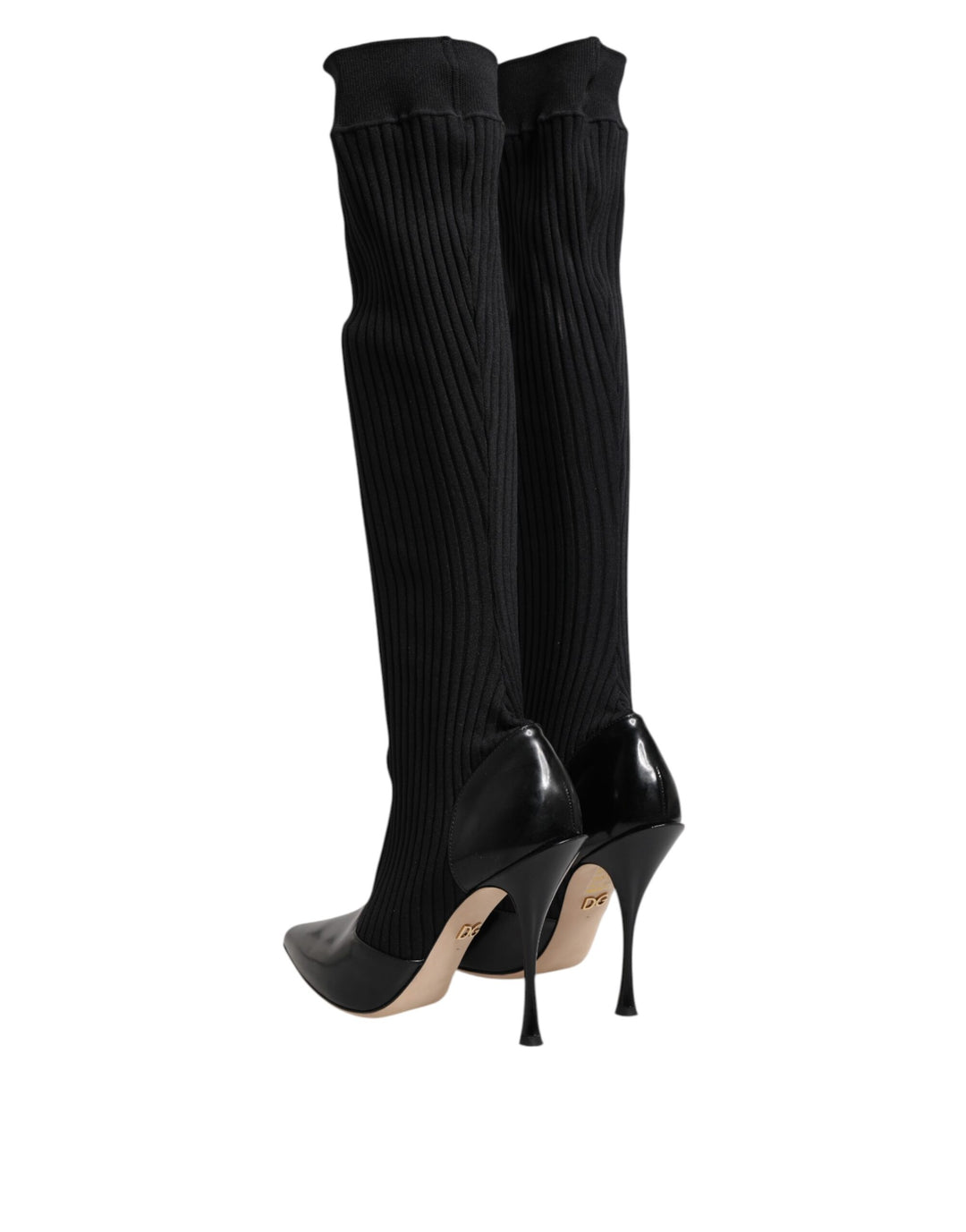 Dolce &amp; Gabbana Sample Sale Dolce &amp; Gabbana Black Leather Ribbed Knit Knee Boots Shoes - | Designer outlet