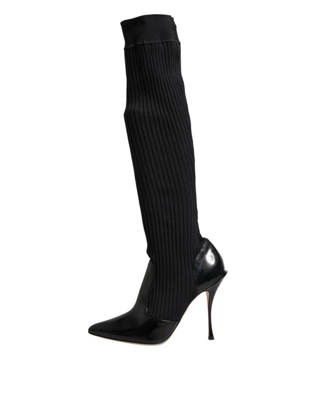 Dolce &amp; Gabbana Sample Sale Dolce &amp; Gabbana Black Leather Ribbed Knit Knee Boots Shoes - | Designer outlet