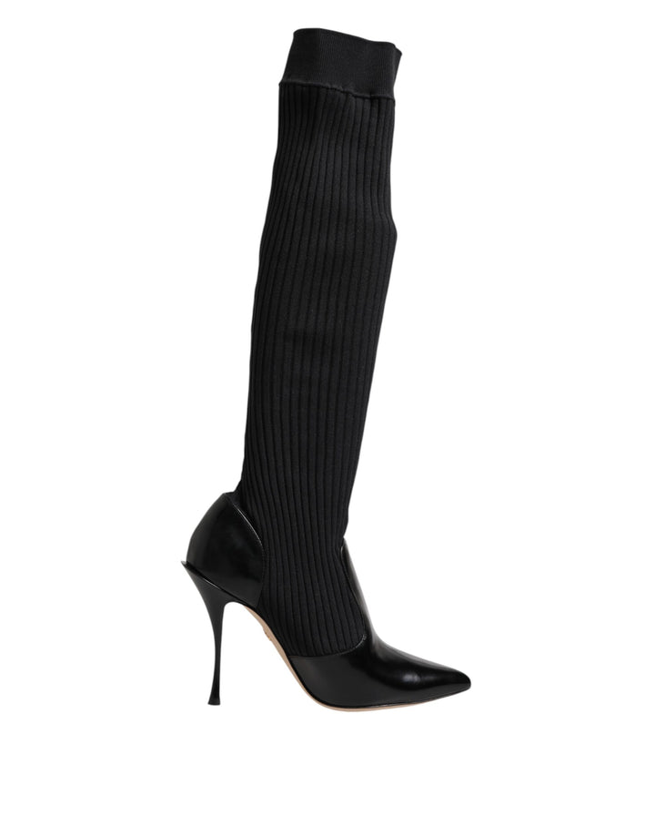 Dolce &amp; Gabbana Sample Sale Dolce &amp; Gabbana Black Leather Ribbed Knit Knee Boots Shoes - | Designer outlet