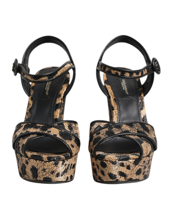Dolce & Gabbana Brown Leopard Wedges Ankle Strap Sandals Shoes