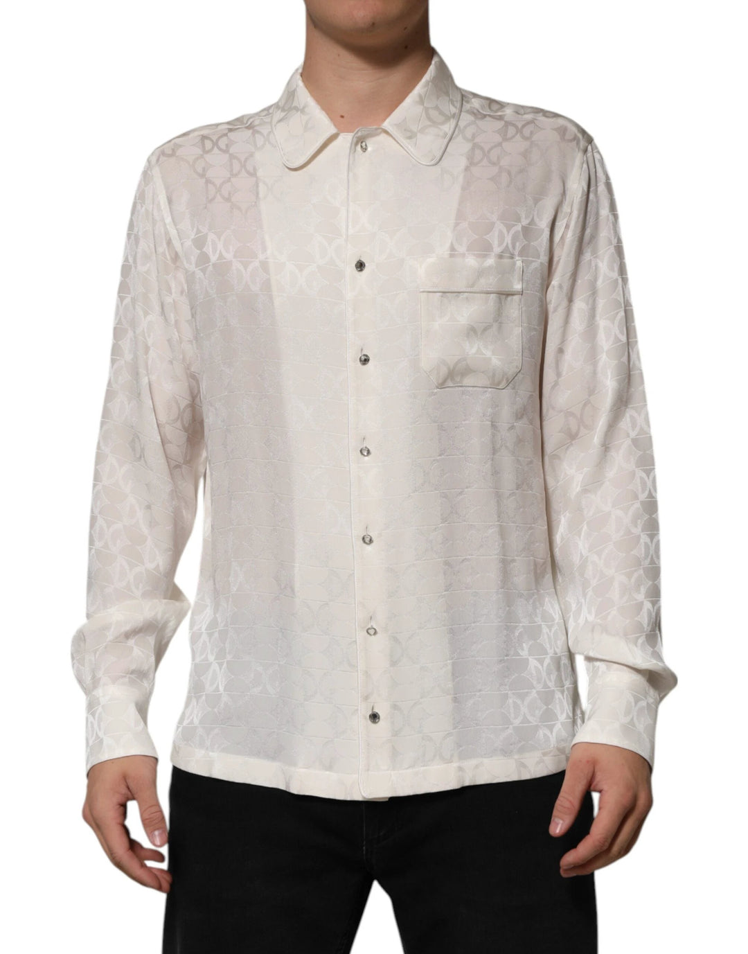Dolce & Gabbana White Silk DG Logo Print Long Sleeves Shirt IT37 Dolce & Gabbana White Silk DG Logo Print Long Sleeves Shirt IT37