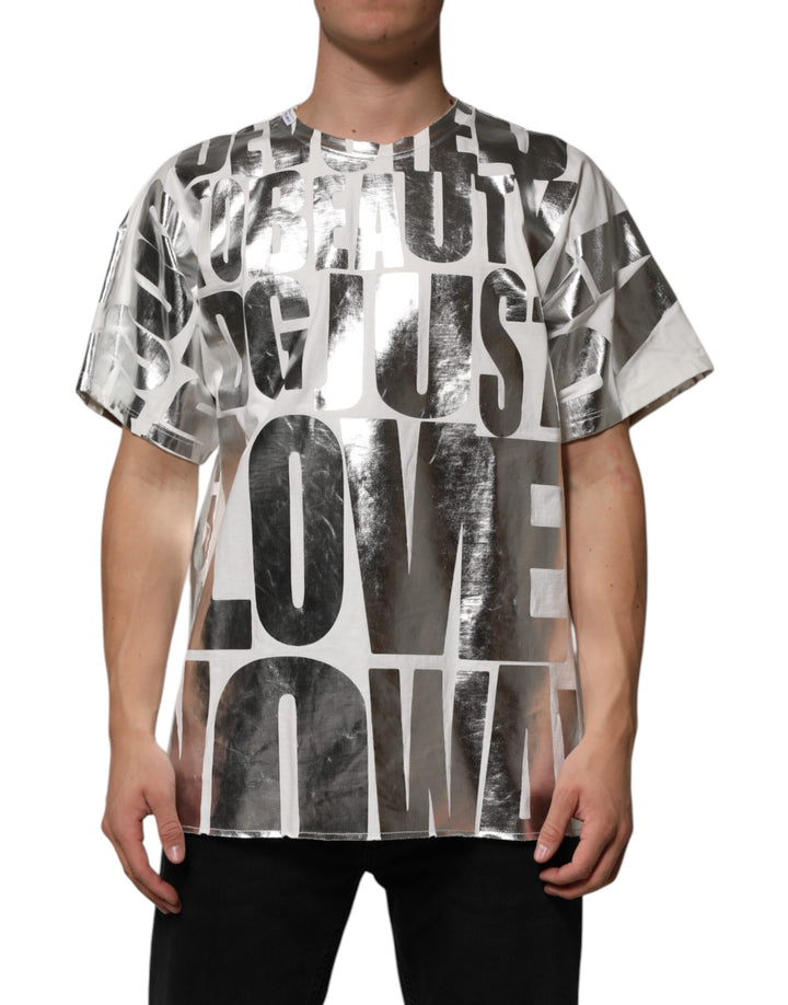 Dolce &amp; Gabbana White Cotton Silver Metallic Slogan Print T-shirt by Dolce &amp; Gabbana outlet now on sale