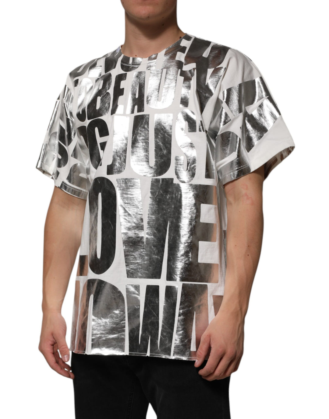 Dolce &amp; Gabbana White Cotton Silver Metallic Slogan Print T-shirt by Dolce &amp; Gabbana outlet now on sale