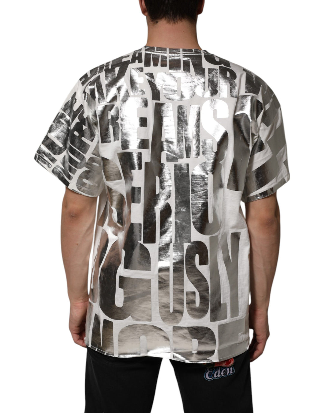 Dolce &amp; Gabbana Sample Sale Dolce &amp; Gabbana White Cotton Silver Metallic Slogan Print T-shirt - | Designer outlet