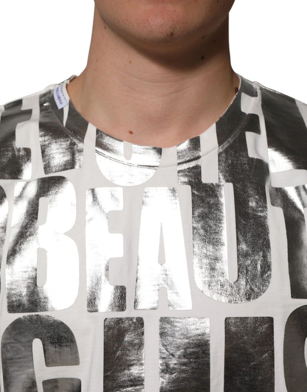 Dolce &amp; Gabbana White Cotton Silver Metallic Slogan Print T-shirt by Dolce &amp; Gabbana outlet now on sale