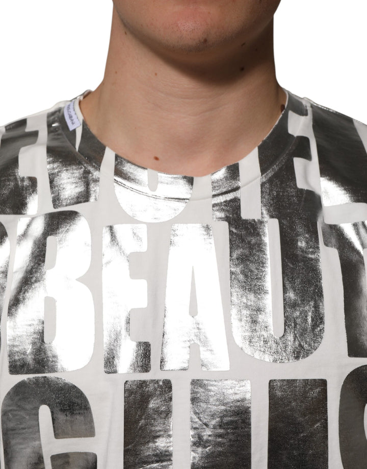 Dolce &amp; Gabbana White Cotton Silver Metallic Slogan Print T-shirt by Dolce &amp; Gabbana outlet now on sale