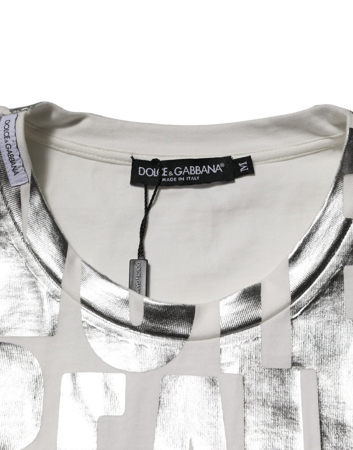 Dolce &amp; Gabbana White Cotton Silver Metallic Slogan Print T-shirt by Dolce &amp; Gabbana outlet now on sale