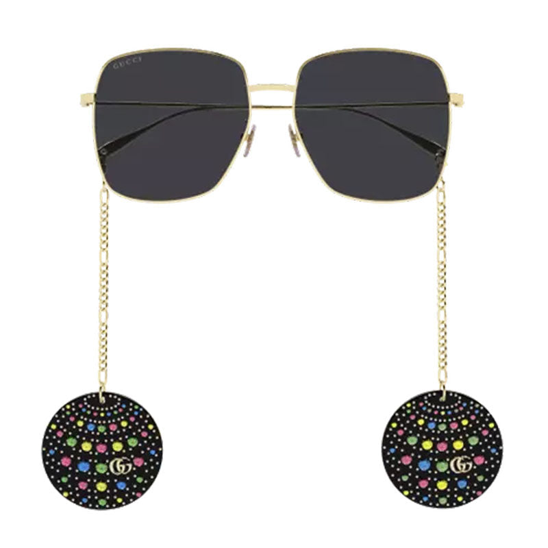 Gucci Square Full Rim, with a Gold frame and Grey with Black Detachable Jewelry Charm lens.
