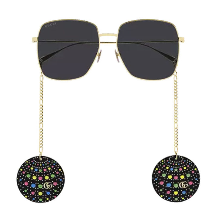 Gucci Square Full Rim, with a Gold frame and Grey with Black Detachable Jewelry Charm lens.