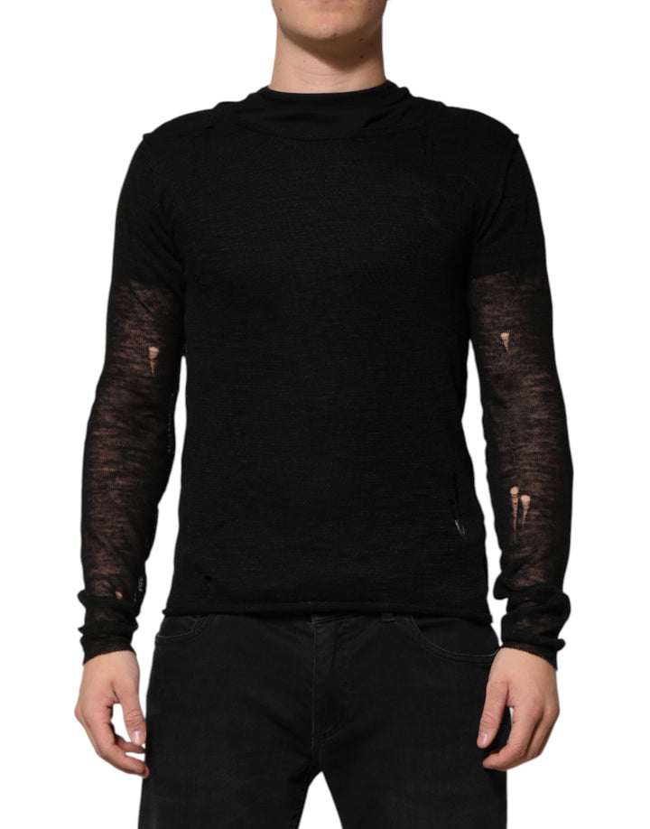 Dolce &amp; Gabbana Sample Sale Dolce &amp; Gabbana Black Linen Mesh Tattered Longsleeves T-shirt - | Designer outlet