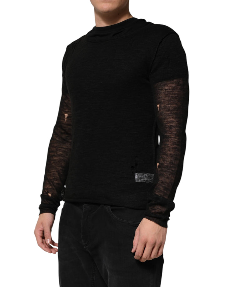 Dolce &amp; Gabbana Sample Sale Dolce &amp; Gabbana Black Linen Mesh Tattered Longsleeves T-shirt - | Designer outlet