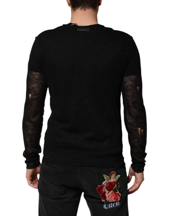 Dolce &amp; Gabbana Sample Sale Dolce &amp; Gabbana Black Linen Mesh Tattered Longsleeves T-shirt - | Designer outlet