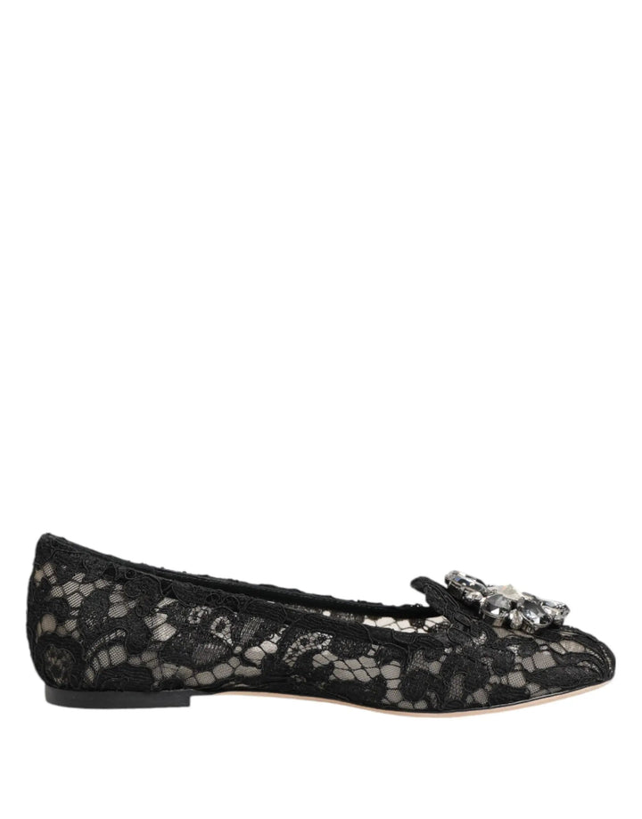 Dolce &amp; Gabbana Black Taormina Lace Crystals Flats Shoes