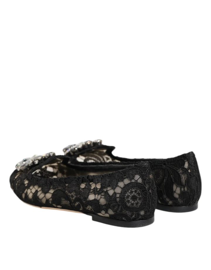 Dolce &amp; Gabbana Black Taormina Lace Crystals Flats Shoes