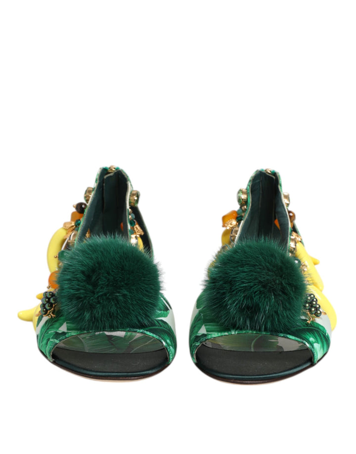 Dolce &amp; Gabbana Sample Sale Dolce &amp; Gabbana Green Mink Fur Satin Banana Leaf Sandals Shoes - | Designer outlet