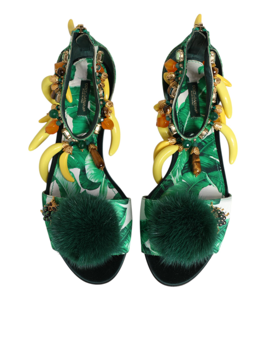 Dolce &amp; Gabbana Sample Sale Dolce &amp; Gabbana Green Mink Fur Satin Banana Leaf Sandals Shoes - | Designer outlet